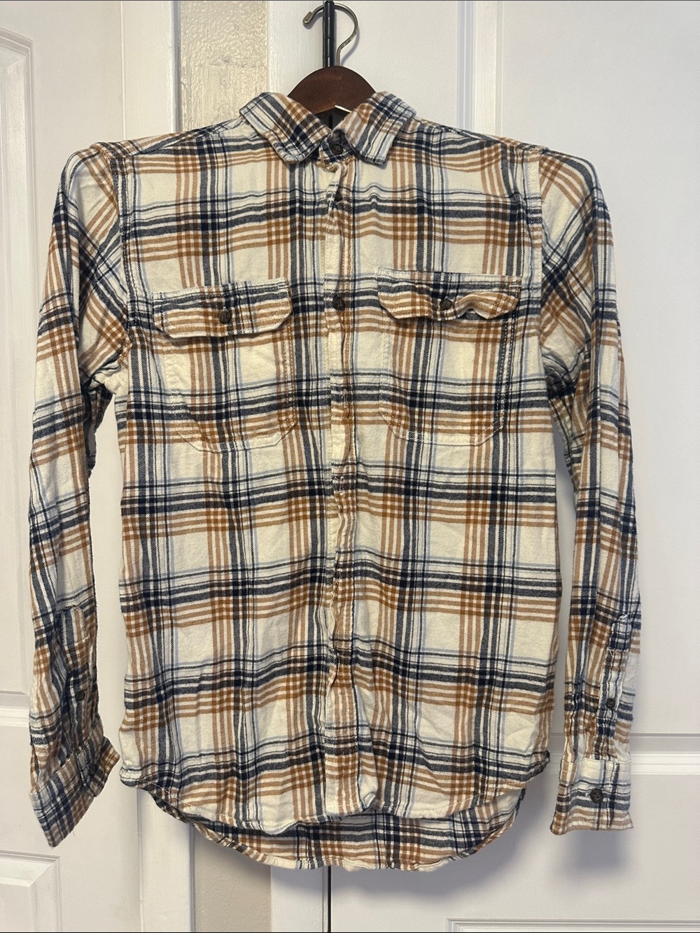 Mens George Plaid Button-Down Shirt - Cream, Brown & Navy  S